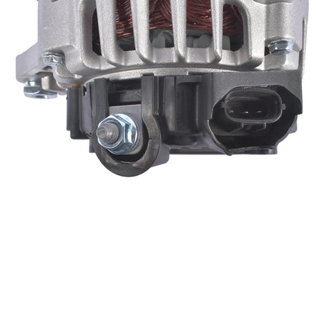 Close-up of Drop In Alternator Replacement For Hyundai Veloster 2013 To 2017 And Kia Soul Forte Koup Forte5 Rio 2012 To 2017 1.6L 110A 12V CW 6 Groove 373002B760 11609 Compatible showing connector and part of housing.