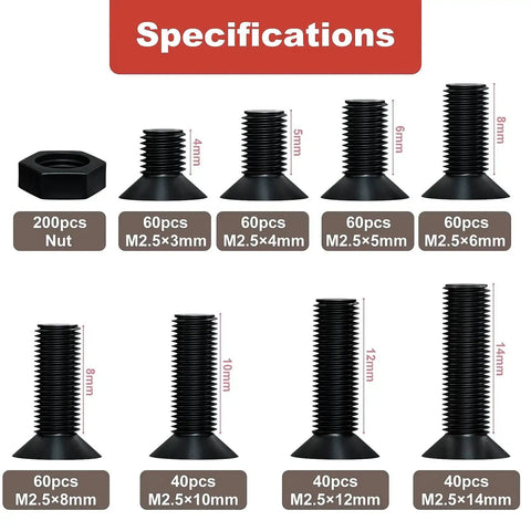 M2.5 Flat Head Machine Screws Set In Black Phillips, 620 Piece Assortment, Carbon Steel Bolts Nuts Kit With Lengths chart