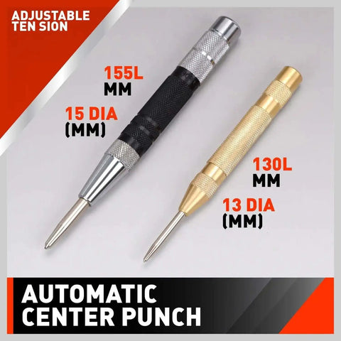 Black and gold 2 Pack 6 Inch Automatic Center Punch with adjustable impact tension and one hand operation, shown with dimensions.