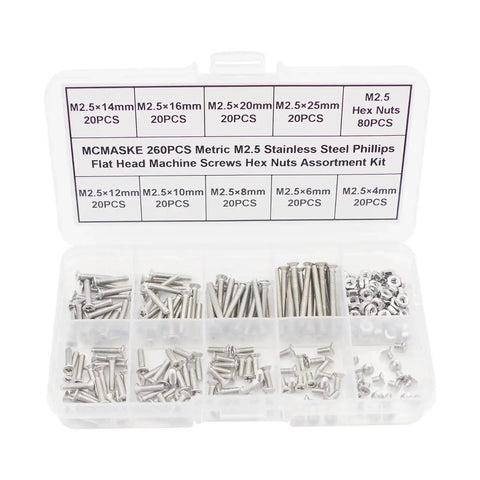 260 Piece Metric M2.5 Stainless Steel Phillips Flat Head Screws With Hex Nuts Assortment Kit for electronics projects