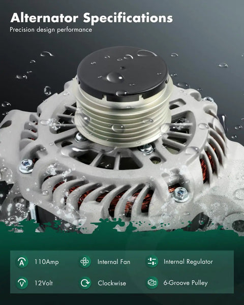 High Output 110 Amp 12V Alternator For Mazda 3 2.3L 2007 2013 And Mazda 6 2.3L 2006 2007 With 6 Groove Pulley And Internal Regulator For Beefed Up Power, close-up view showing specifications
