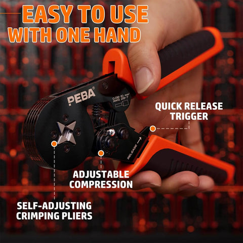 Person using Pro Grade Ferrule Crimping Tool Kit with Self Adjusting Ratchet for AWG 28 to 7, showcasing adjustable compression.