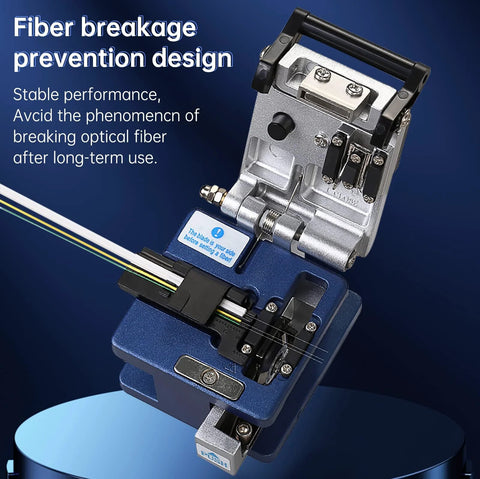 Fiber optic termination and cleaning kit with visual fault locator on blue base; includes cleaver and tester components