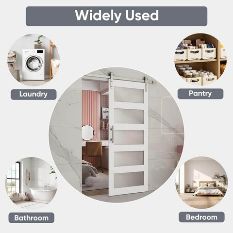 32In X 84In Frosted Glass Barn Door With 5 Panel Solid Wood Construction Waterproof PVC Surface And Scratch Resistant Finish Pre Drilled For Easy Assembly Includes Brushed Nickel Sliding Door Hardware And Handle White installed in a room.