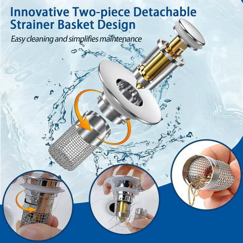 Two Pack Pop Up Sink Drain Hair Catcher With Removable Stainless Strainer Basket, shown with detachable design and installation steps.