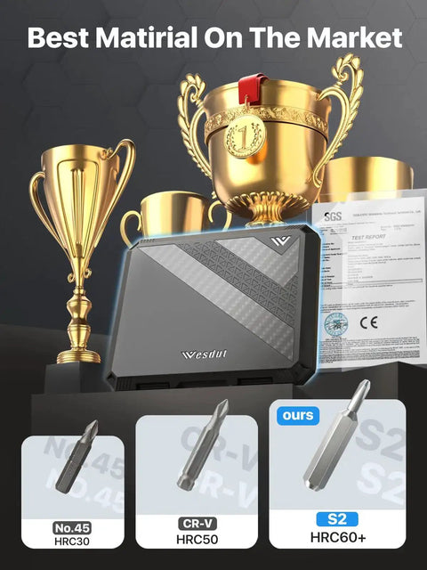 Award-winning 52 In 1 Precision Screwdriver Kit With Torx And Hex Bits Magnetic Repair Tool Set display with certificates and bits.
