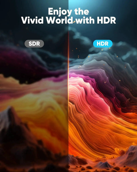 Comparison of image quality with SDR on the left and HDR on the right, showing vibrant colors and enhanced details.