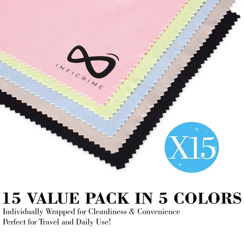 Stack of microfiber glasses cloths in assorted colors from the 15 pack. Used for screens. "Microfiber Glasses Cloth 15 Pack 6x7 Scratch Free Assorted Colors For Screens."