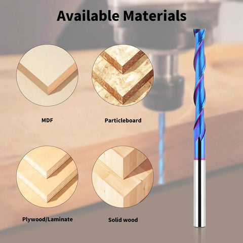 Extra Long 4 Inch Upcut Spiral Router Bit With One Quarter Inch Shank And One Quarter Inch Cutting Diameter Solid Carbide Blue Nano Naco Coating For CNC Wood Cutting Trimming And Carving with material options MDF, Particleboard, Plywood, Solid wood
