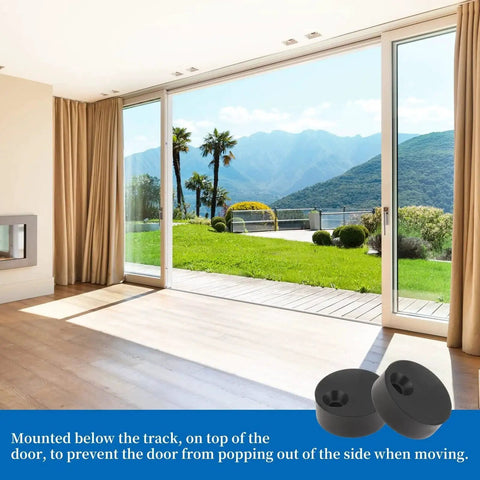 4 Pack Anti Jump Disk Block Sliding Barn Door Hardware Set With Adjustable Stopper Pads, shown in a modern living room setting.