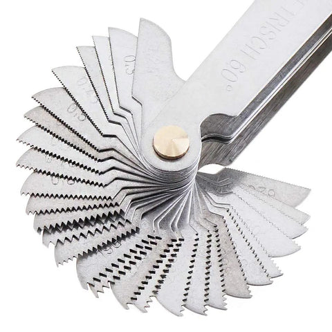 Close-up of 55 Degree And 60 Degree Screw Pitch Gauge With Locking Mechanism For Metric Imperial And US Threads Pro Grade Industrial Measurement Tool.