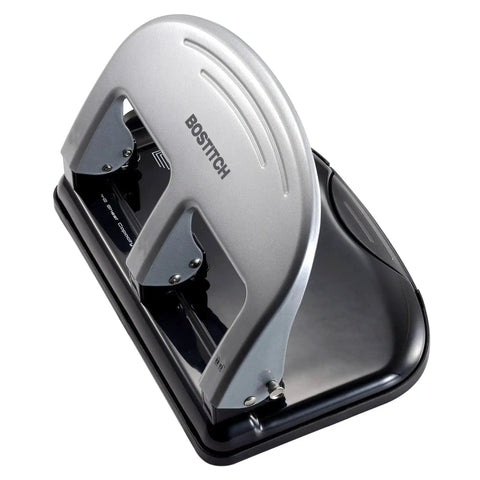 EZ Squeeze Three Hole Punch With No Jam Technology Pushing Through 40 Sheets Effortlessly For Home Office Use, black and silver