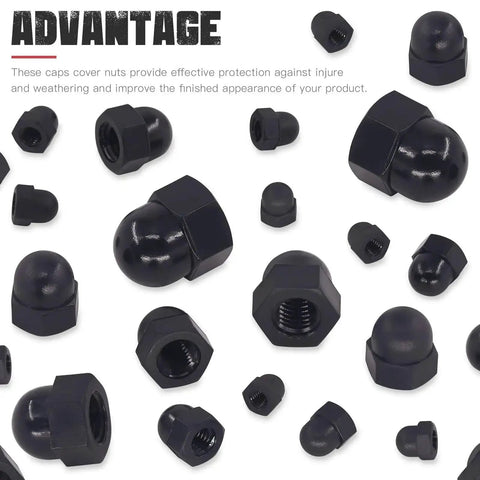 Black Nylon Acorn Nuts Assortment Kit 7 Sizes 100 Pcs Inner Threaded Dome Cap Nuts scattered layout with advantage text