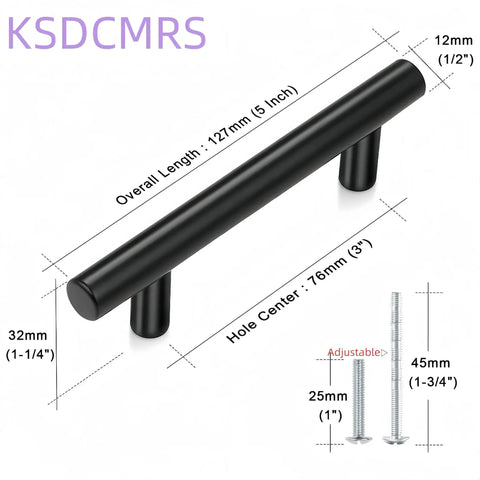 5 Inch Matte Black Stainless Steel Cabinet Pulls Heavy Duty Round Corner Drawer Handles With 3 Inch Hole Center, dimensions labeled.