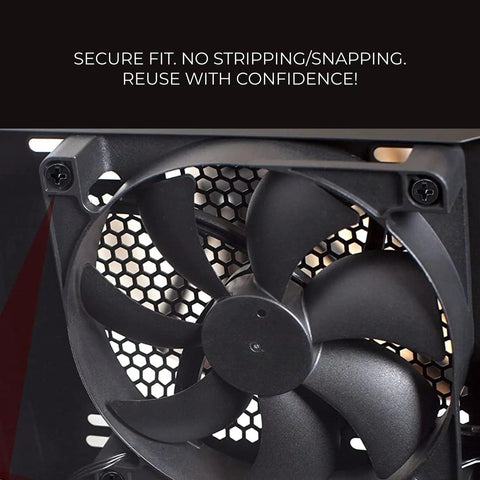 Close-up of a PC fan installation using 502 Piece PC Screw and Hardware Kit for DIY Builds and Upgrades Includes Screws Nuts Washers Standoffs and Spacers for HDD Fans Chassis ATX Case Motherboard SSD Graphics Card and More Must Have PC Build Gear for Repairs, showing secure fit.
