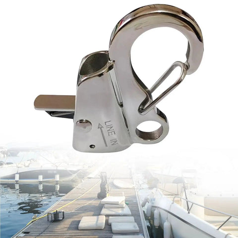 Sliding Anchor Hook With Quick Release And Stainless Steel Construction Supports Up To 8000 LB Universal Fit For Rope From Three Eighths Inch To Five Eighths Inch Ideal For Kayaks Pontoon Boats Durable Marine Anchor Accessory For Easy Secure Mooring on marina dock background