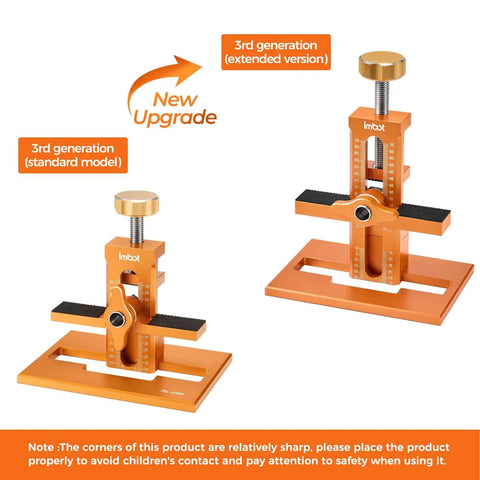 Two models of the Three In One Cabinet Door Mounting Jig With Base For Frameless And Framed Cabinets showing standard and extended versions.