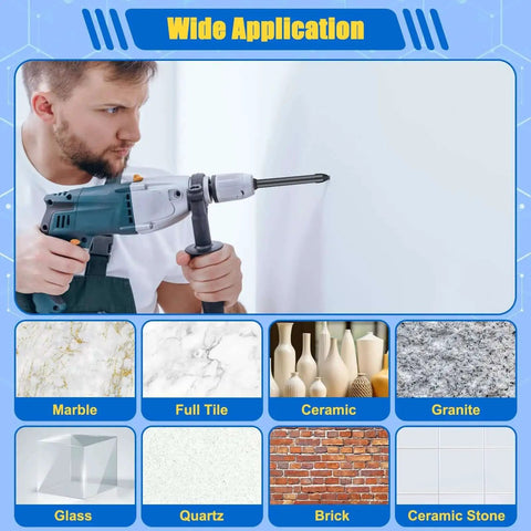 Man using Pro Grade Nine Piece Dry Diamond Drill Bit Set For Ultra Fast Dry Drilling With Durable Storage Case Includes One Quarter, Five Sixteenths, Three Eighths And One Half Inch Bits With One Quarter Inch Hex Shank Anglekai on wall