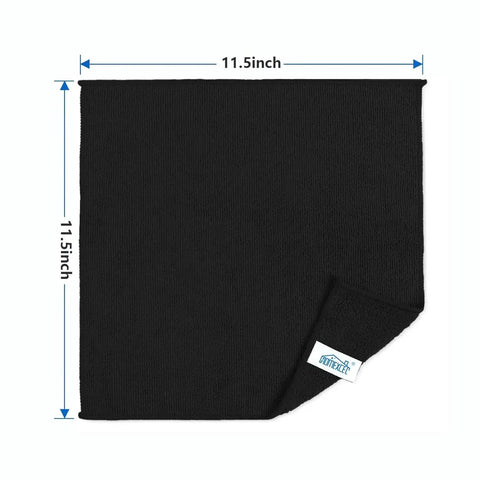 Premium Microfiber Cleaning Cloths 150 Pack 11.5 By 11.5 Inches Lint Free Streak Free Soft Rags For Kitchen Windows Cars And Everyday Messes Dope For Auto Detailing Drying Glass And Stainless Surfaces shown in black with label, dimensions visible.
