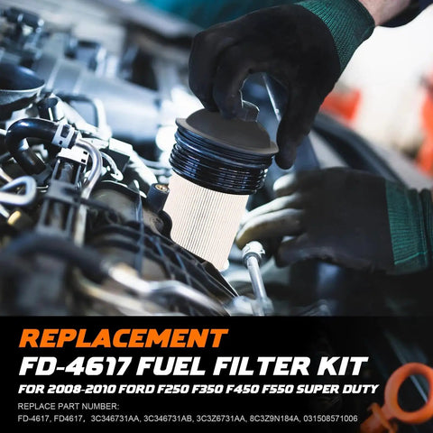 Mechanic replacing Ford 6.4L Powerstroke Diesel Beefed Up Fuel Filter Kit With Upper And Lower Lifter Pump Filter Set
