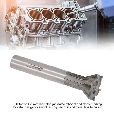 25Mm Dovetail Milling Cutter With 6 Flute Carbide End Mill 60 Degree Straight Shank For Ferrous And Nonferrous Metals Pro Grade Tool displayed in use with metal engine part.