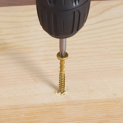Bulk 95 Pack 9 X 2 Inch Deck Screws With Golden Coating T25 Star Drive Bugle Head for wood projects being drilled into wood
