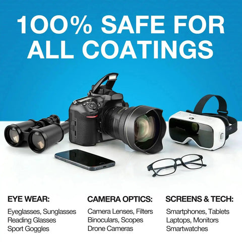 Various optical devices including a camera, smartphone, VR headset, and glasses with text '100% Safe for All Coatings' displayed.