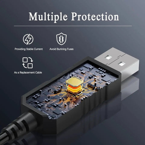 Close-up of Replacement Radar Detector Cable USB to RJ11 Power Cord 5 Feet Long showing internal circuitry and multiple protection features