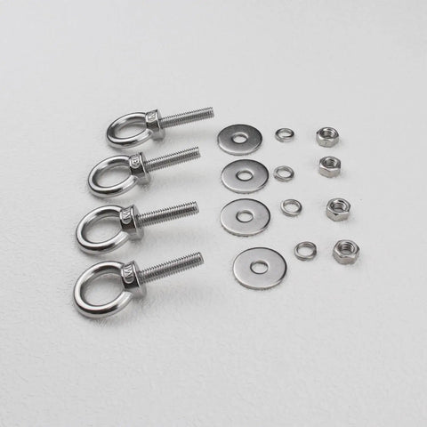Heavy Duty M6 Stainless Steel Eye Bolt Kit With Nuts And Washers 4 Pack Ring Shoulder Eyebolts For Swing And Tie Down Outdoor Use 304 Stainless Anti Rust 110 Lb Load Each displayed with washers and nuts on white surface.