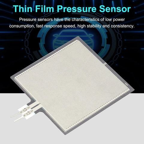 Thin film pressure sensor FSR406B pad with parallel white traces and dual leads.