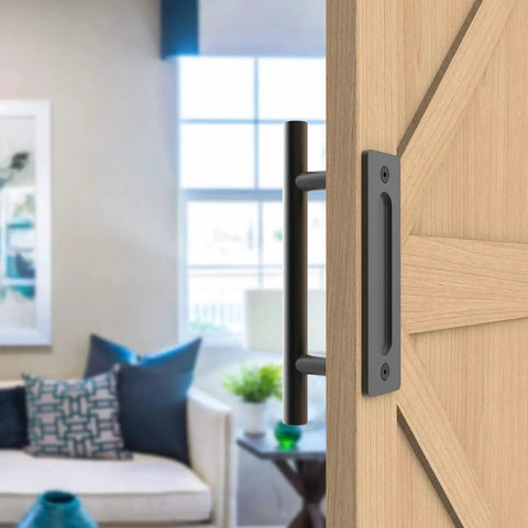 12-Inch Sliding Barn Door Handle Pull And Flush Hardware Set For Interior And Exterior Doors, Rustic Black Round Finish, installed