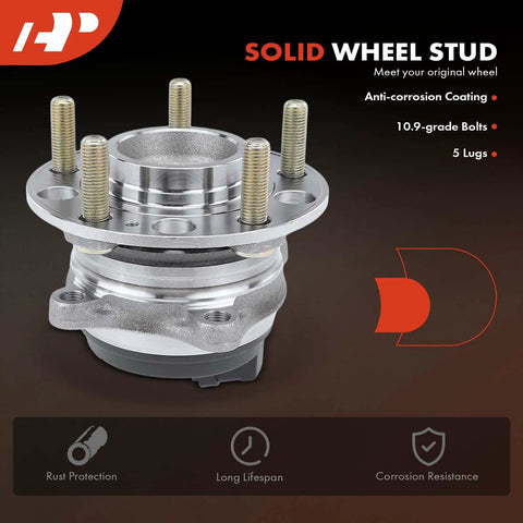 Rear Wheel Bearing And Hub Assembly With Abs And 5 Lug For Kia Sorento 2016 2017 2018 2019 2020 Fwd Only Replacement Part Drop In Ready To Install Direct Fit, showing anti-corrosion coating and five lug studs, focus on bolts.
