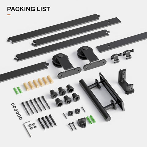 6 Ft Sliding Barn Door Hardware Kit With Heavy Duty Track System Spliced Rails Floor Guide 2 Rollers 2 Door Stops And 1 Door Handle Solid Steel With Black Powder Coat For Corrosion Resistant Longevity, disassembled view with components including spliced rails, door handle, and mounting hardware