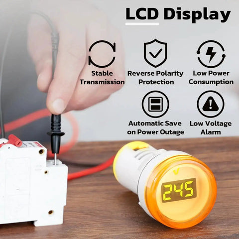 Hand connecting AC Voltage Display Three Pack Digital LED Voltmeter Panel For AC 60 To 500V with green, red, yellow indicators and LCD display.