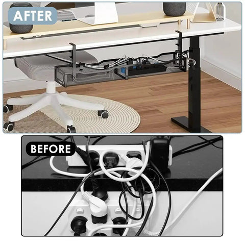 25 Inch Under Desk Cable Management Tray No Drill Clamp heavy duty metal cord organizer for standing desk and home office in use