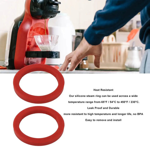 Two Pack Red 8mm Silicone Group Gasket For Espresso Machines E61 Group Head Replacement placed near a coffee maker
