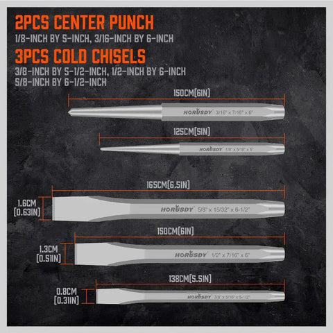 Image showing 3 cold chisels and 2 center punches from a 16 Piece Punch And Chisel Set With Taper Punch Cold Chisels Pin Punch Center Punch.