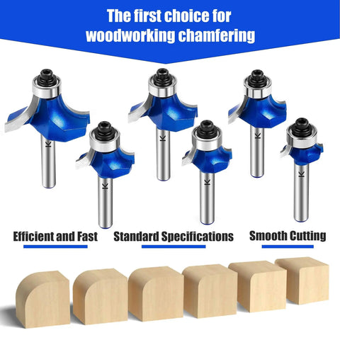 Roundover Router Bit Set With 1/4 Inch Shank Pro Grade Carbide Tip 2 Flutes Radii 1/8 Inch 3/16 Inch 1/4 Inch 5/16 Inch 3/8 Inch 1/2 Inch Bearing Guide For CNC Woodworking And Edge Forming shown with wood samples