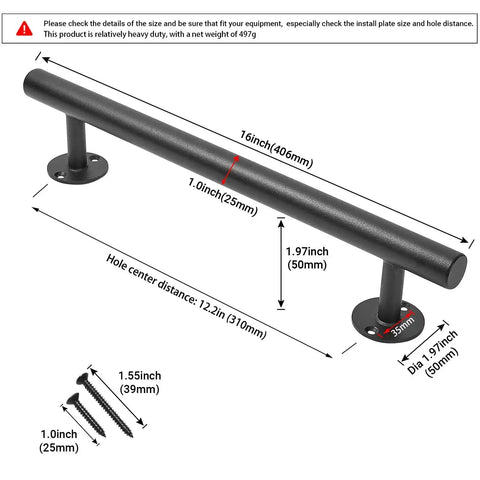 16 Inch Black Metal Door Pull Handles Set of 2 for Exterior and Interior Doors with 1 Inch Diameter, durable iron pipe construction.