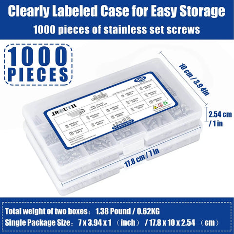Clear case containing Complete Set Screw Kit 1000 Piece Cup Point Grub Screws With Internal Hex Drive Stainless Steel 304