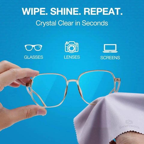 Cleaning glasses with a microfiber cloth from 32 Pack Microfiber Cloths For Glasses And Screens Individually Wrapped Lint Free