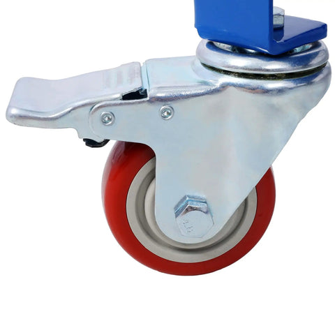 Close-up of locking caster on 36x18 Inch Heavy Duty Welding Workbench On Wheels With 1200 Pound Load Capacity, blue finish visible
