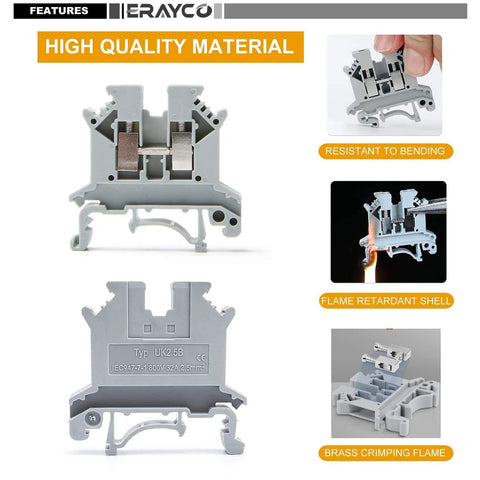 DIN Rail Terminal Block With Screw Clamp, 600V Rating, 20A Max, Handles 24 To 12 AWG Solid Or 20 To 12 AWG Flexible Wires, Nylon PA66 Housing With Copper Alloy Bodies And Nickel Plated Screws, Pack Of 100, Built For Pros