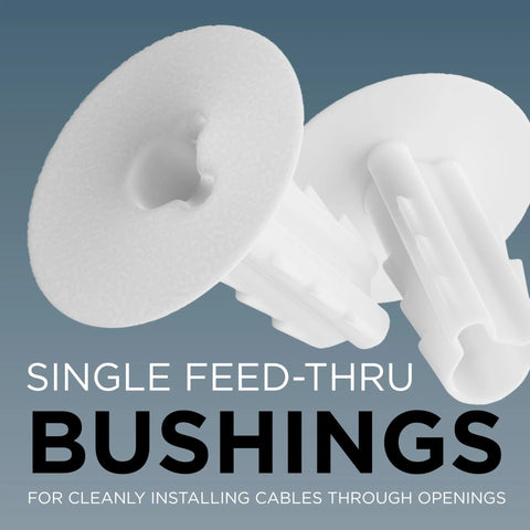 White plastic RG6 coaxial feed-through bushing components for wall installation, shown with round discs.