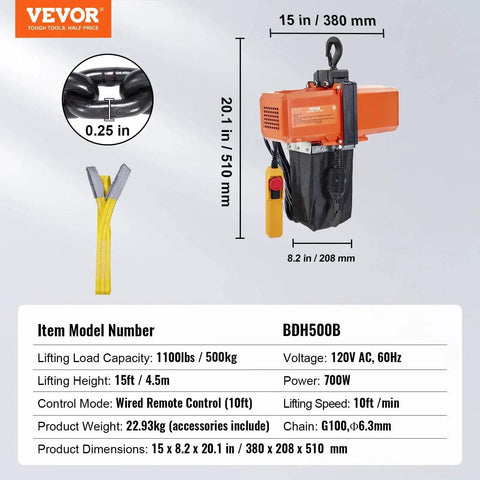 Electric Chain Hoist 1100 Lb Capacity 15 Ft Lift 120V Phase G100 Overhead with remote control, 15 in frame.