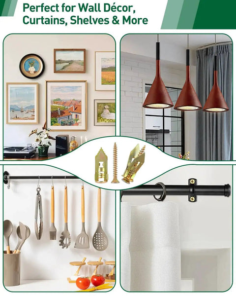 Self Drilling Drywall Anchors Kit With Expansion Screws In Three Sizes Zinc Plated Steel No Drill Required shown with wall decor, kitchen tools, and curtains.