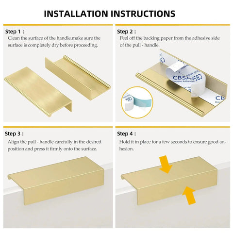 Installation steps for Six Pack Adhesive Cabinet Handles In Gold Finish Peel And Stick No Drill Cabinet Pulls For Kitchen And Bathroom.