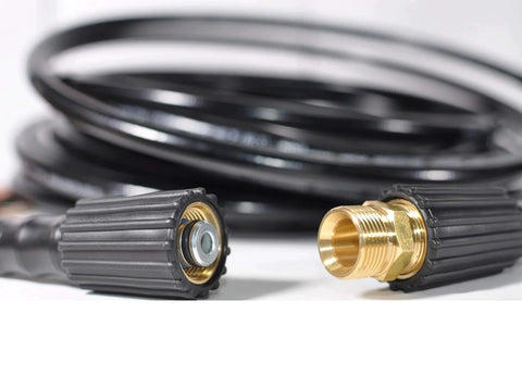 Solid Brass Pressure Washer Hose Connector Double M22 14mm Male Coupler Extension Adapter For Pressure Washer Hoses Up To 5000 PSI No Fuss Setup Increases Reach Without Moving Vehicles Or Equipment shown with black hose ends