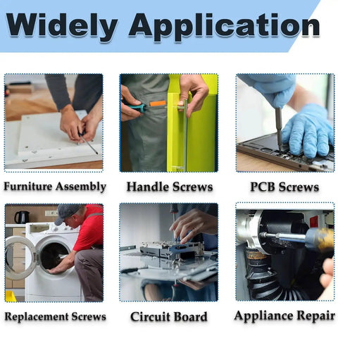 Image showing various uses of 30 Pcs M4x45mm Pan Head Phillips Machine Screws 304 Stainless Steel Fully Threaded 1.75 In For Furniture Repairs And 3D Printers In A Durable Plastic Storage Box, including furniture assembly, handle screws, PCB screws, replacement screws, circuit board, and appliance repair.