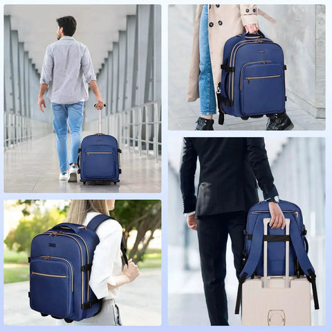 On The Go Rolling Backpack For Women With 17 Inch Laptop Compartment And Smooth Wheels Perfect Carry On Luggage For Air Travel And Overnight Business Trips Dark Blue By Devpnr Pro Traveler shown in various use settings.